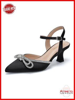 Wide Width Kitten Heels Rhinestone Bow Pointed Toe Satin Pumps